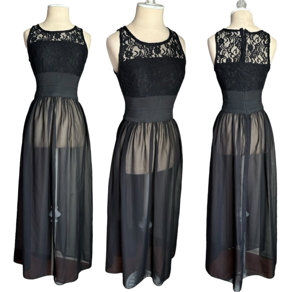 Baluoke Lace Bodice Maxi Dress Scoop Neck Sleeveless Sheer Black Size Large